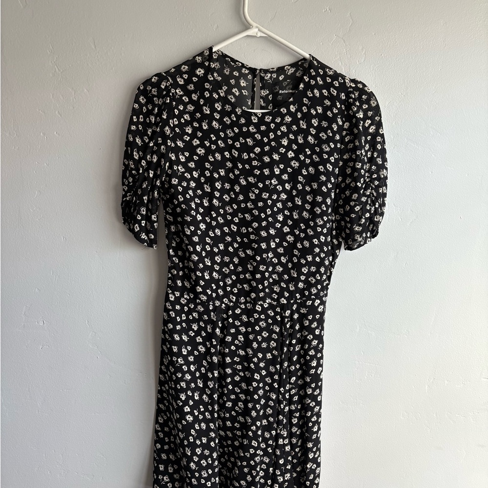 Reformation Black and White Puff Sleeve Midi Dress